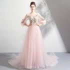 Long-sleeve Floral Embroidered A-line Evening Gown