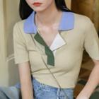 Short-sleeve Color Block Polo Knit Top