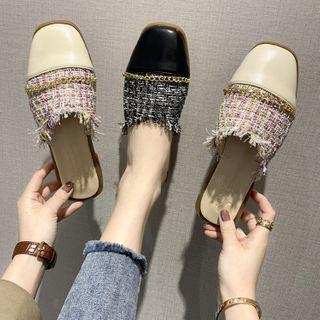 Fringed Tweed Paneled Mules