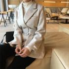 Peaked-lapel Belted Wool Blend Jacket Beige - One Size