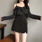 Off-shoulder Dotted Long-sleeve Top White Dots - Black - One Size