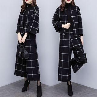 Set: Plaid 3/4-sleeve Jacket + Crop Wide Leg Pants