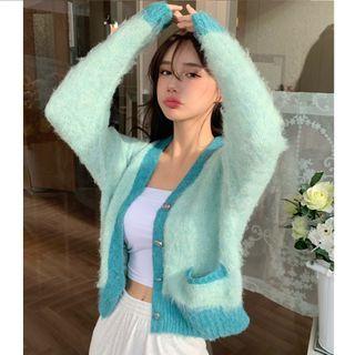 Color-block V-neck Knit Cardigan Green - One Size