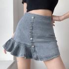 Frill Trim Mini Denim Pencil Skirt
