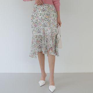 Asymmetric Floral Midi Chiffon Skirt