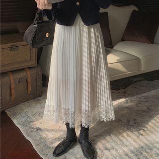 Lace Panel Pleated Midi A-line Skirt