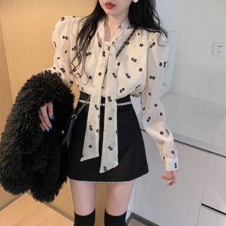 Long-sleeve Floral Tie-neck Chiffon Blouse / Rhinestone Mini A-line Skirt