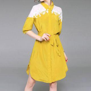 Embroidered Elbow-sleeve Shirtdress With Sash