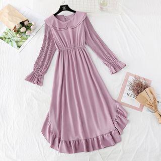 Long-sleeve Frill Trim Chiffon A-line Dress