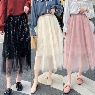 Midi A-line Layered Mesh Skirt
