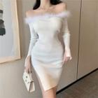 Long-sleeve Off-shoulder Fluffy Trim Slit Bodycon Dress