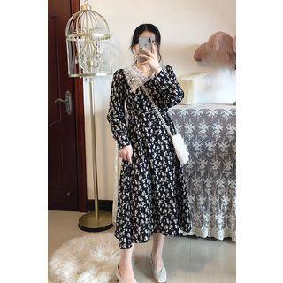 Long-sleeve Lace Collar Floral Print Midi Chiffon Dress