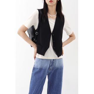 Belted V-neck Single-breasted Vest Black - One Size