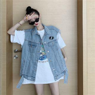 Sleeveless Frayed Denim Jacket Blue - One Size