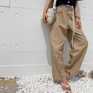 Linen Blend Baggy Pants With Cord