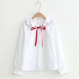 Leaf Embroidered Tie-neck Blouse