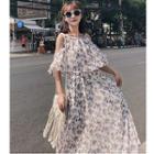 Elbow-sleeve Cutout Floral Print A-line Midi Dress