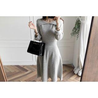 Collar-detail Smocked-waist Knit Dress