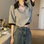 Short-sleeve Lapel Color Block Cropped T-shirt