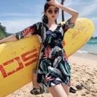 Set Of 3: Floral Bikini Top + Swim Skirt + Elbow-sleeve Cover-up