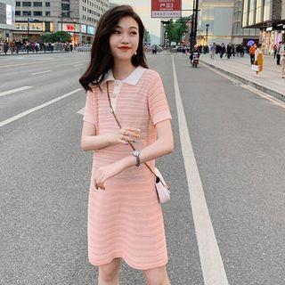 Short-sleeve Striped Knit Polo Mini Dress