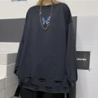 Distressed Butterfly Embroidered Long-sleeve T-shirt