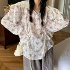 Shawl Collar Floral Embroidered Blouse White - One Size