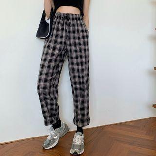 Plaid Straight Fit Pants Plaid - Black & Gray - One Size