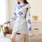 Floral Patterned Sweater / Buttoned A-line Mini Skirt / Set