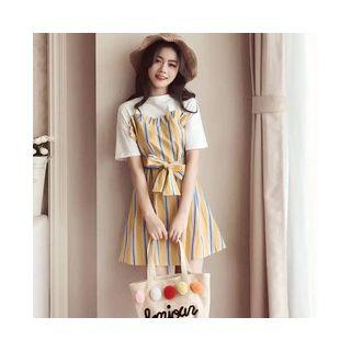 Mock Two-piece Short-sleeve Striped Panel A-line Mini Dress