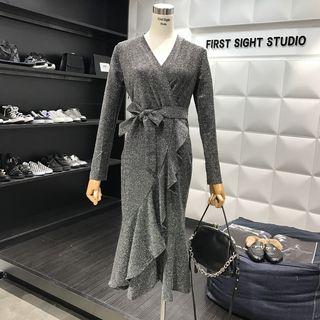 Glittered Ruffle Trim Long Sleeve Dress