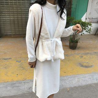 Turtleneck Long-sleeve Midi Dress / Tie Waist Furry Vest