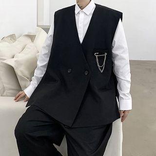 Side-slit Oversize Vest With Brooch