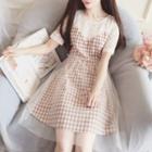 Lace Panel Gingham Short Sleeve A-line Dress