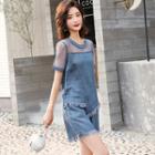 Set: Short-sleeve Polka Dot Mesh Paneled Asymmetric Top + Wide-leg Shorts