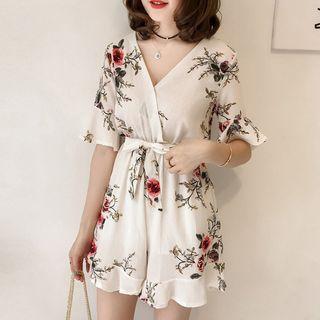 V-neck Flower Print Elbow-sleeve Playsuit