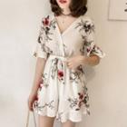 V-neck Flower Print Elbow-sleeve Playsuit