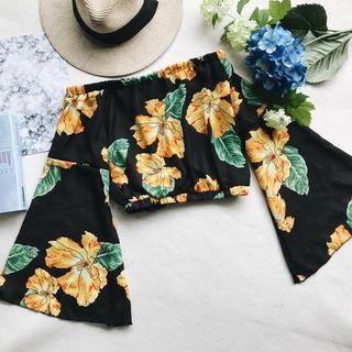 Off-shoulder Flower Print Cropped Long-sleeve Top