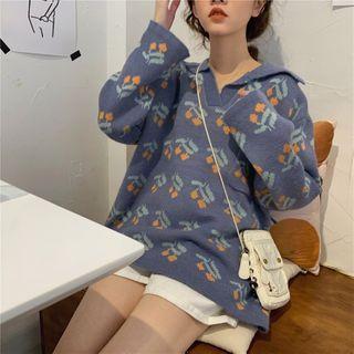 Cherry Embroidered Polo Neck Knit Top