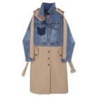 Denim Panel Single-breasted Midi Trench Coat As Shown In Figure - One Size