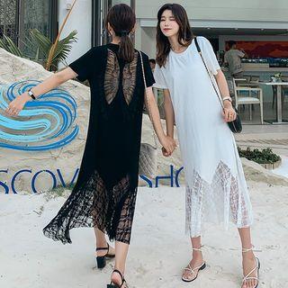 Short-sleeve Lace Panel Midi Knit Dress