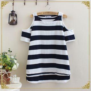 Striped Short Sleeve Cold Shoulder T-shirt