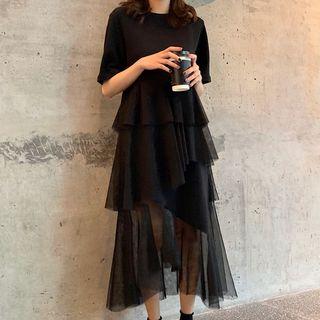 Short-sleeve Midi A-line Tiered Mesh Dress