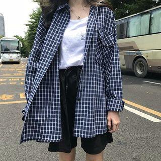 Color-block Plaid Loose-fit Long-sleeve Blouse Navy Blue - One Size