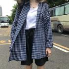 Color-block Plaid Loose-fit Long-sleeve Blouse Navy Blue - One Size