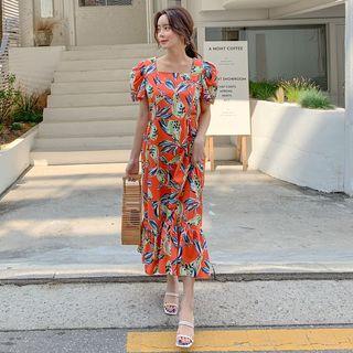 Puff-sleeve Patterned Long Dress