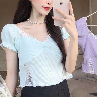 Lace Panel Short Sleeve Crop Top