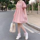 Puff-sleeve Bear Embroidered Collared Dress
