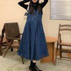 Double-breasted Denim Midi A-line Overall Dress