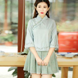 Set: 3/4-sleeve Embroidered Shirt + Pleated Skirt